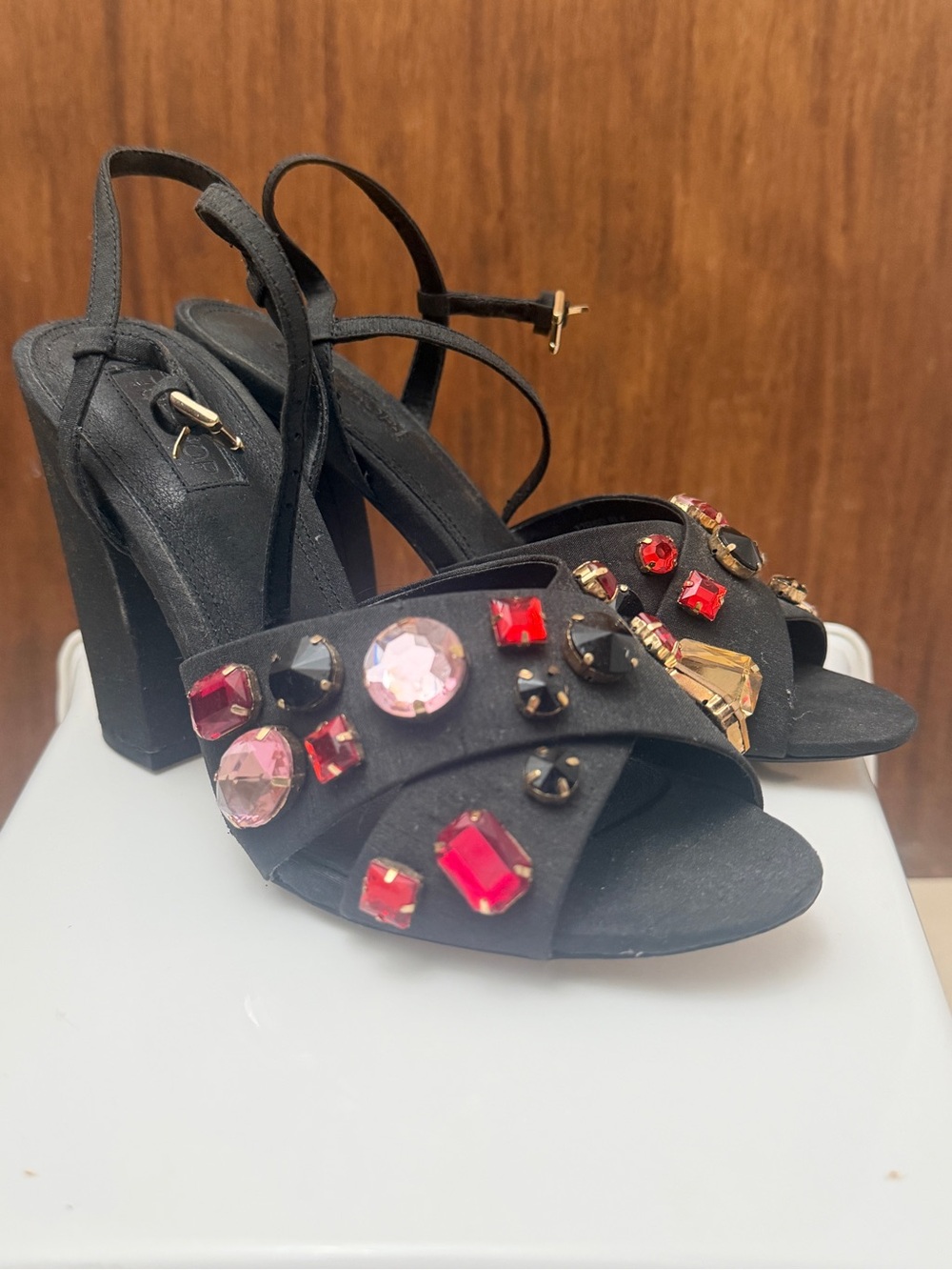 Topshop Black Gem-Embellished Block Heel Sandals